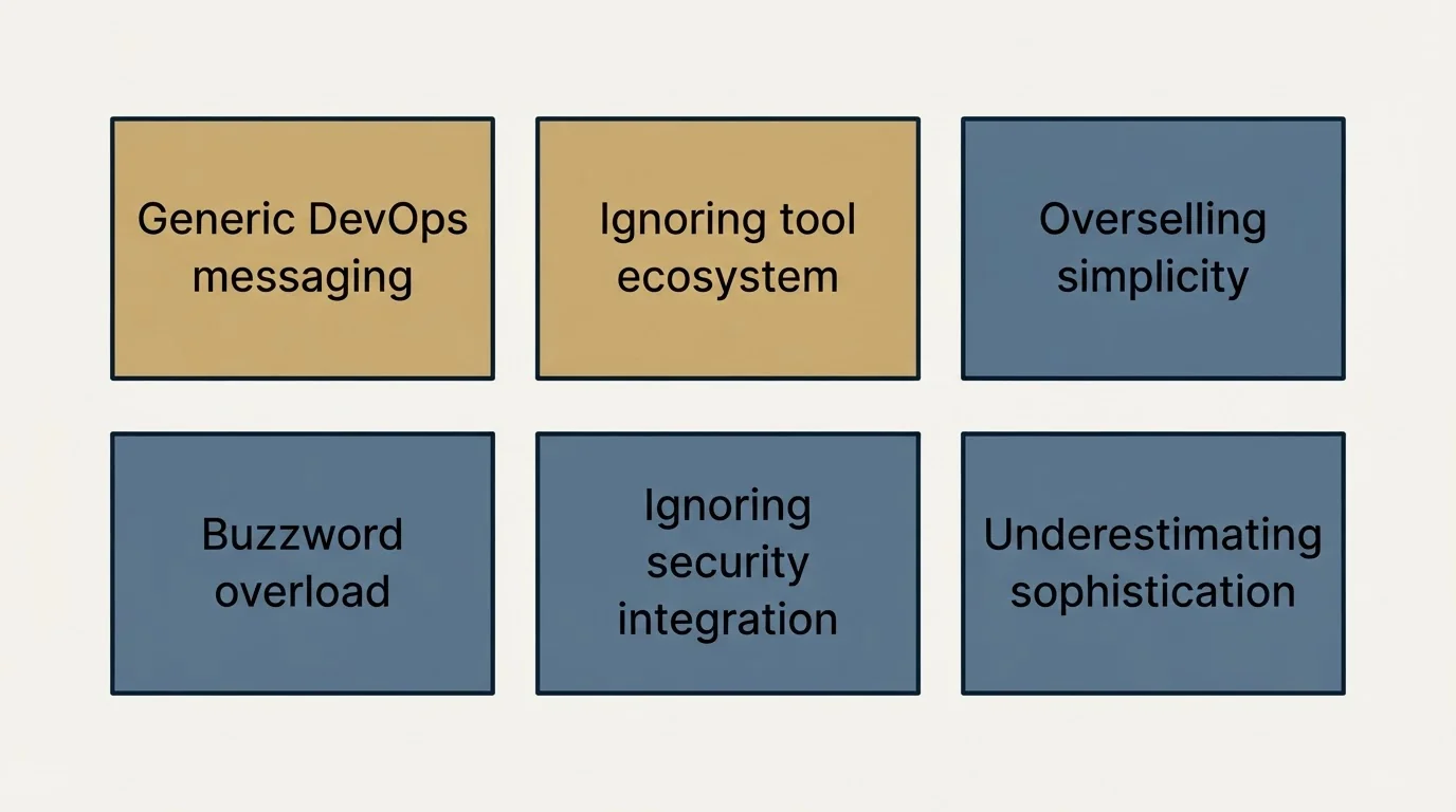Schematic: Common Mistakes to Avoid (Generic DevOps messaging, Ignoring tool ecosystem, Overselling simplicity, Buzzword overload)