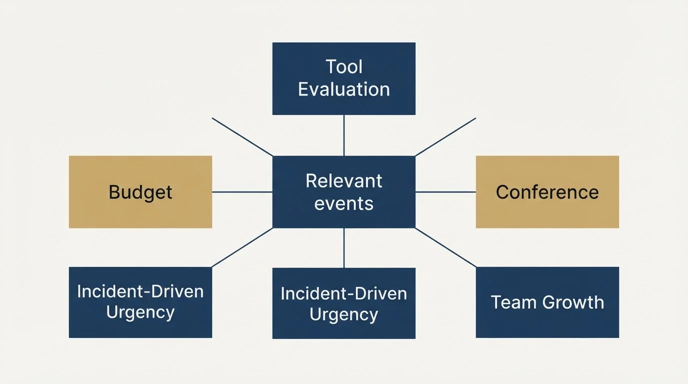 Schematic: Timing Your Outreach (Relevant events, Budget, Tool Evaluation, Incident-Driven Urgency)