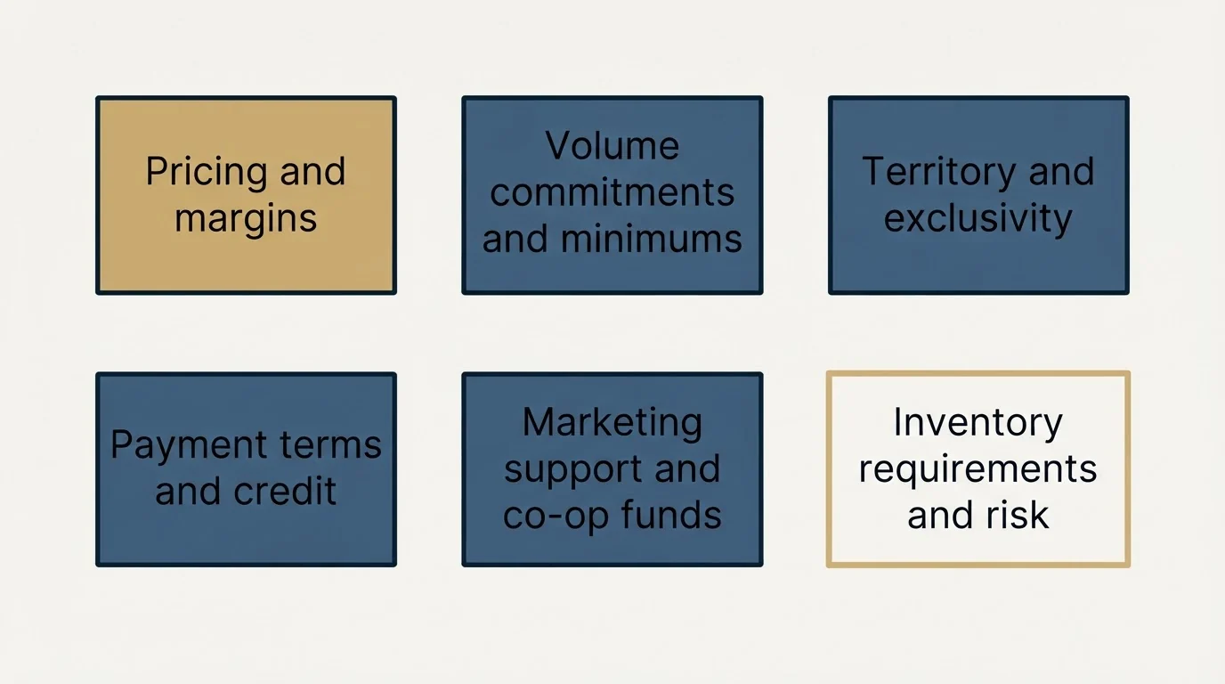 Schematic: Negotiating Distribution Terms (Pricing and margins, Volume commitments and minimums, Territory and exclusivity, Payment terms and credit)
