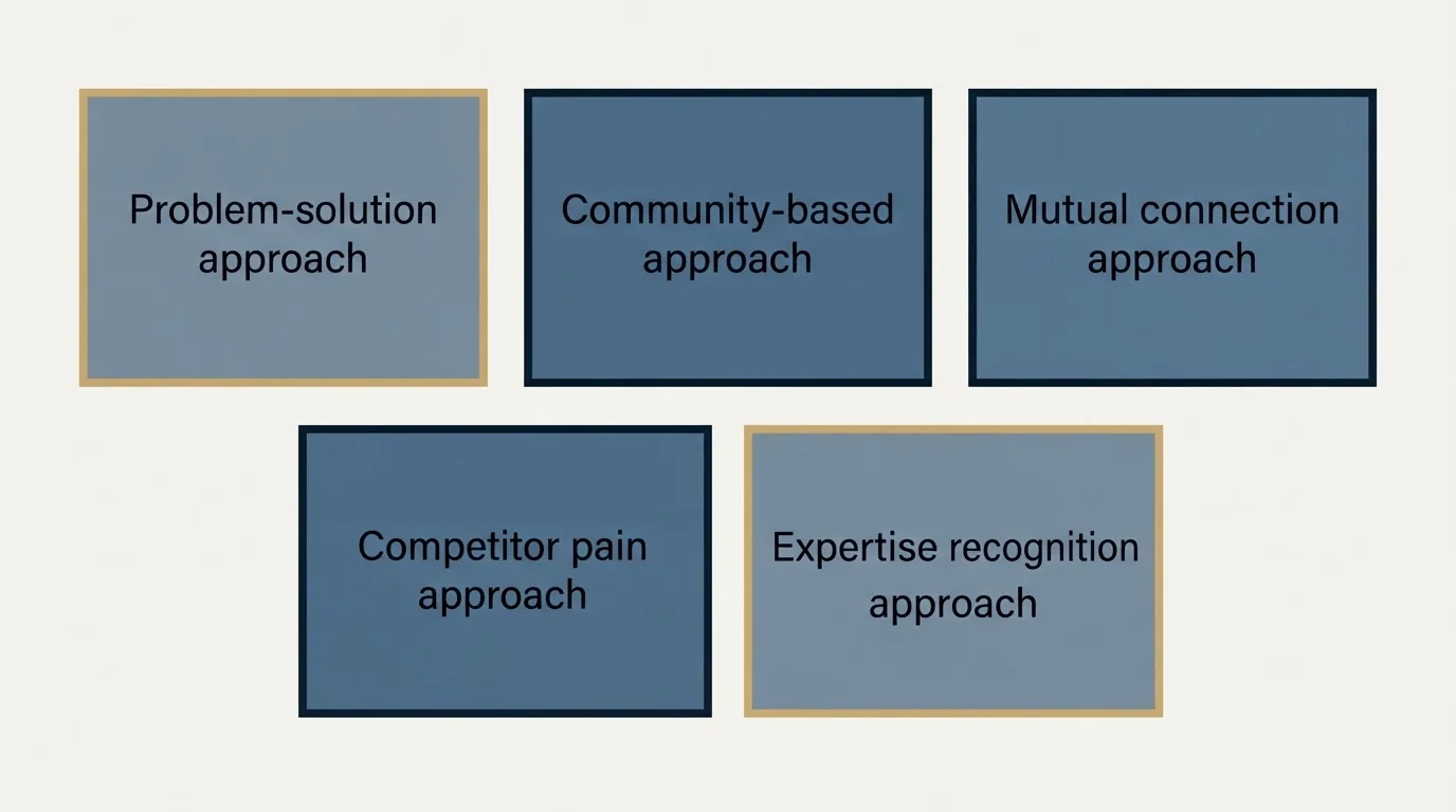 Schematic: Early Adopter Recruitment Email Templates (Problem-solution approach, Community-based approach, Mutual connection approach, Competitor pain approach)