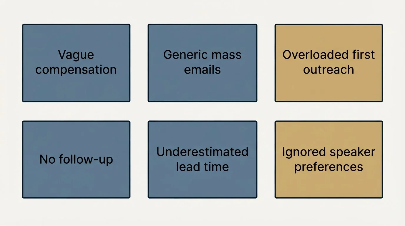 Schematic: Common Mistakes to Avoid (Vague compensation, Generic mass emails, Overloaded first outreach, No follow-up)