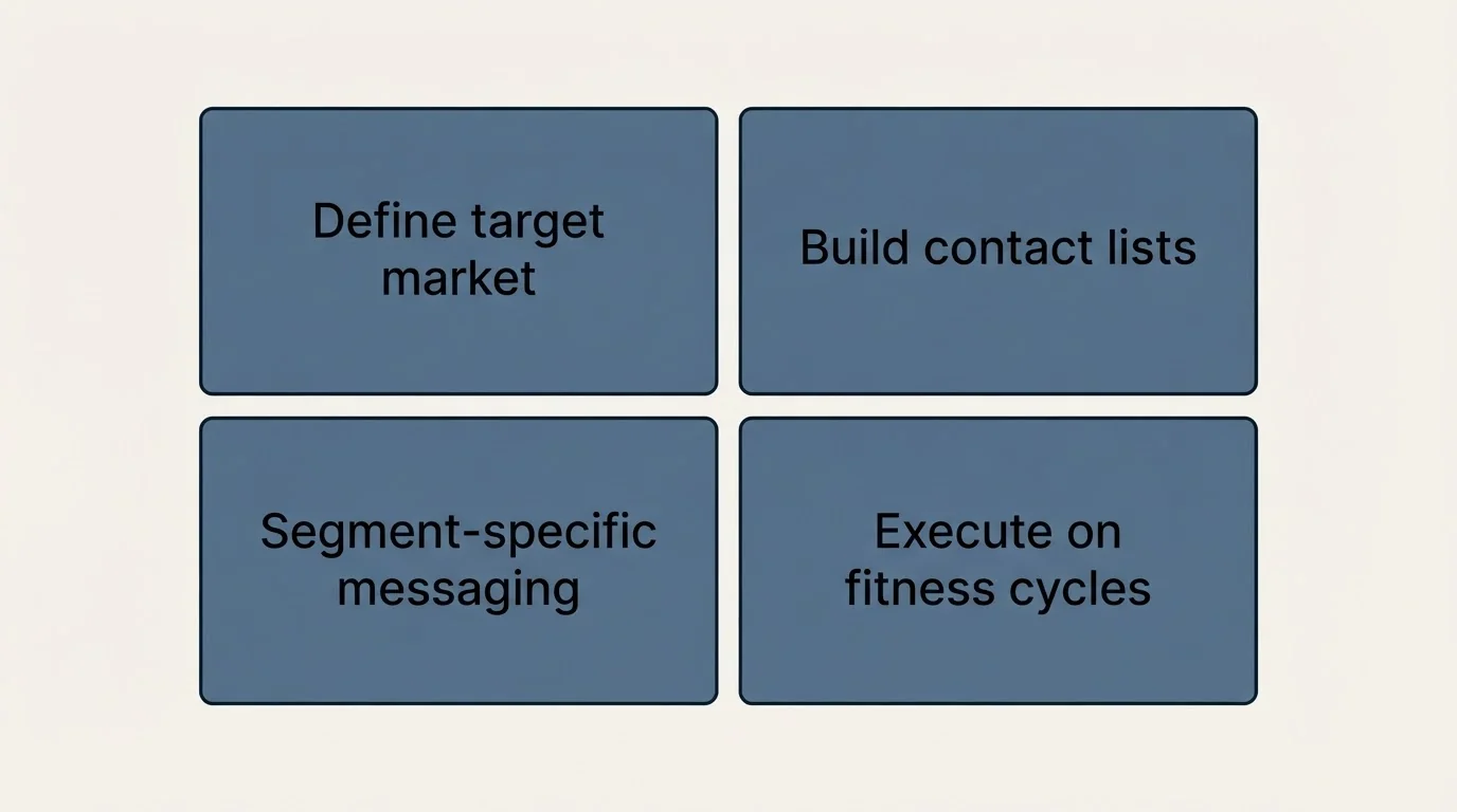 Schematic: Building Your Fitness Cold Email Program (Define target market, Build contact lists, Segment-specific messaging, Execute on fitness cycles)