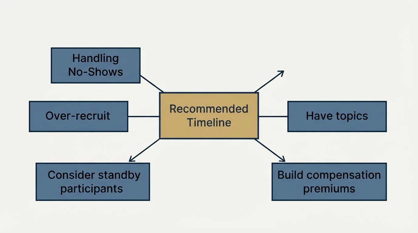 Schematic: Managing the Recruitment Timeline (Recommended Timeline, Handling No-Shows, Over-recruit, Have topics)
