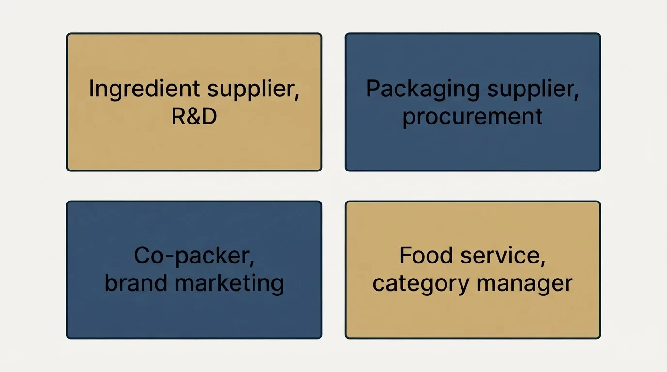 Schematic: Sample Cold Emails for Food and Beverage (Ingredient supplier, R&D, Packaging supplier, procurement, Co-packer, brand marketing, Food service, category manager)