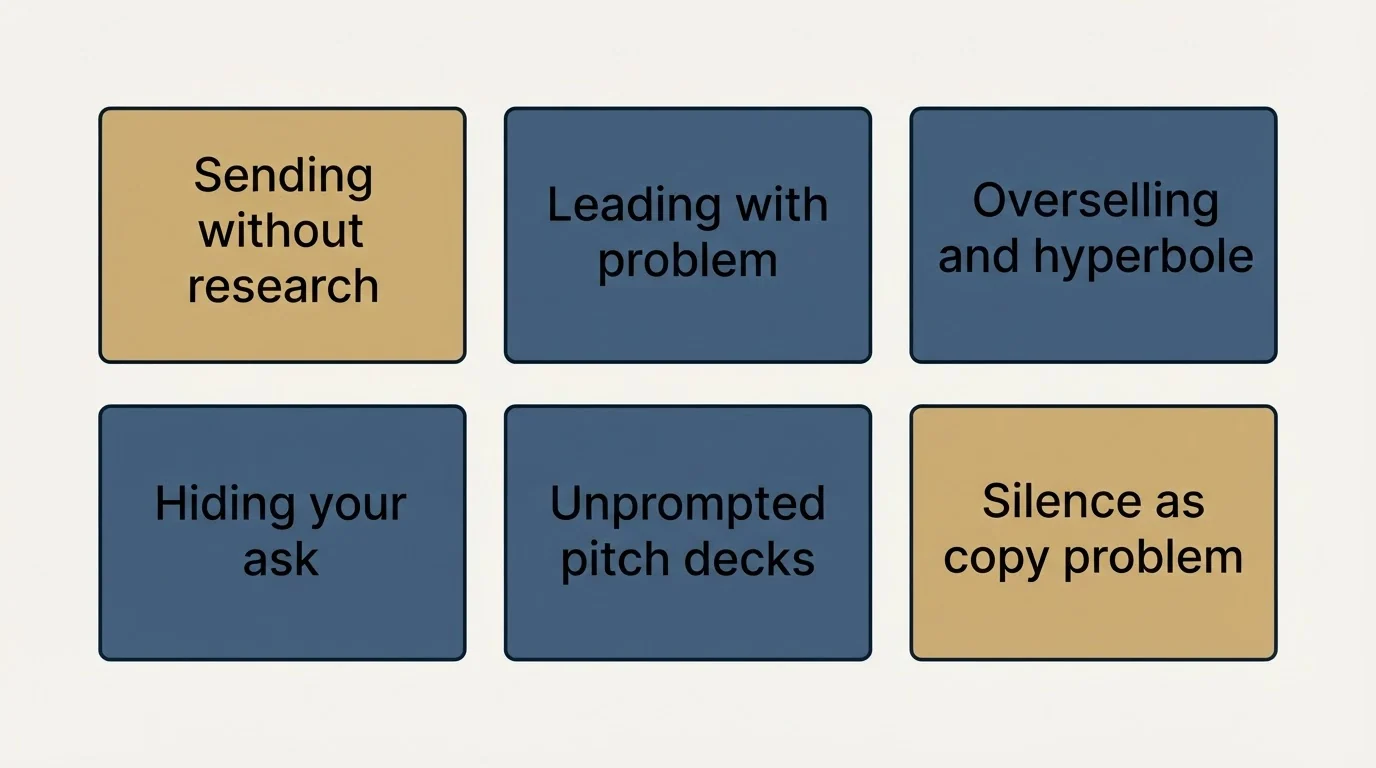 Schematic: Common Mistakes to Avoid (Sending without research, Leading with problem, Overselling and hyperbole, Hiding your ask)