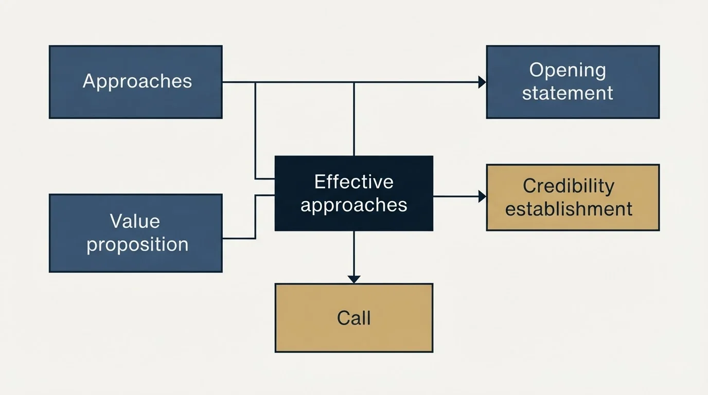Schematic: What Works: Furniture Cold Email Best Practices (Effective approaches, Approaches, Opening statement, Credibility establishment)
