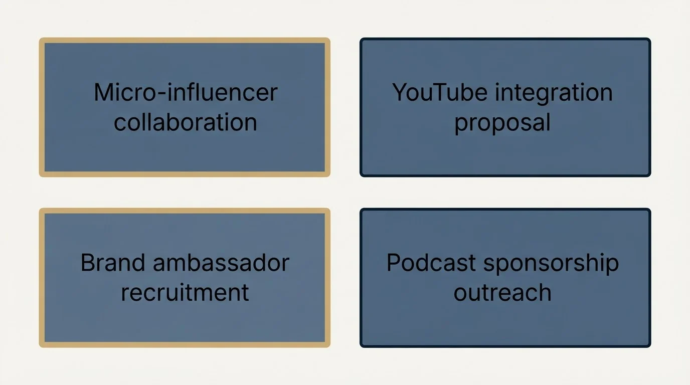 Schematic: Real Influencer Outreach Email Examples (Micro-influencer collaboration, YouTube integration proposal, Brand ambassador recruitment, Podcast sponsorship outreach)