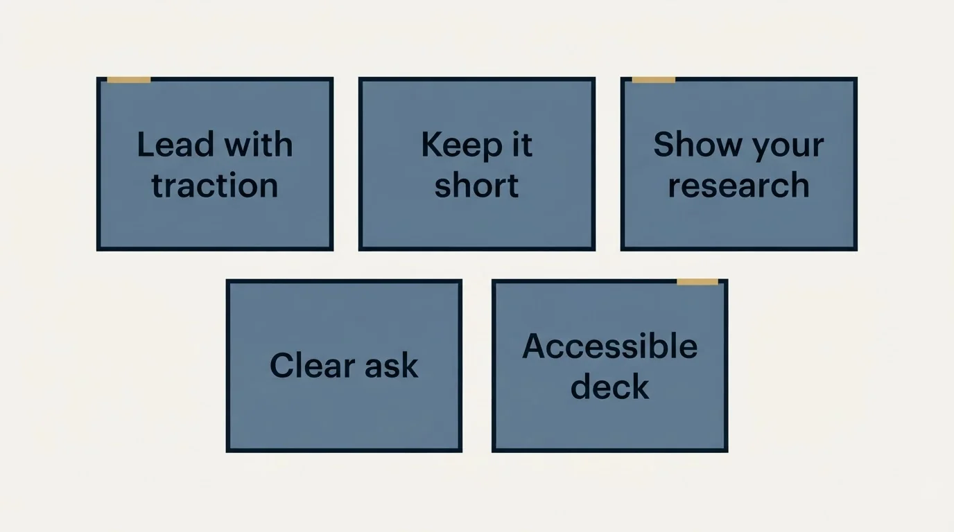 Schematic: What Works: Investor Email Best Practices (Lead with traction, Keep it short, Show your research, Clear ask)