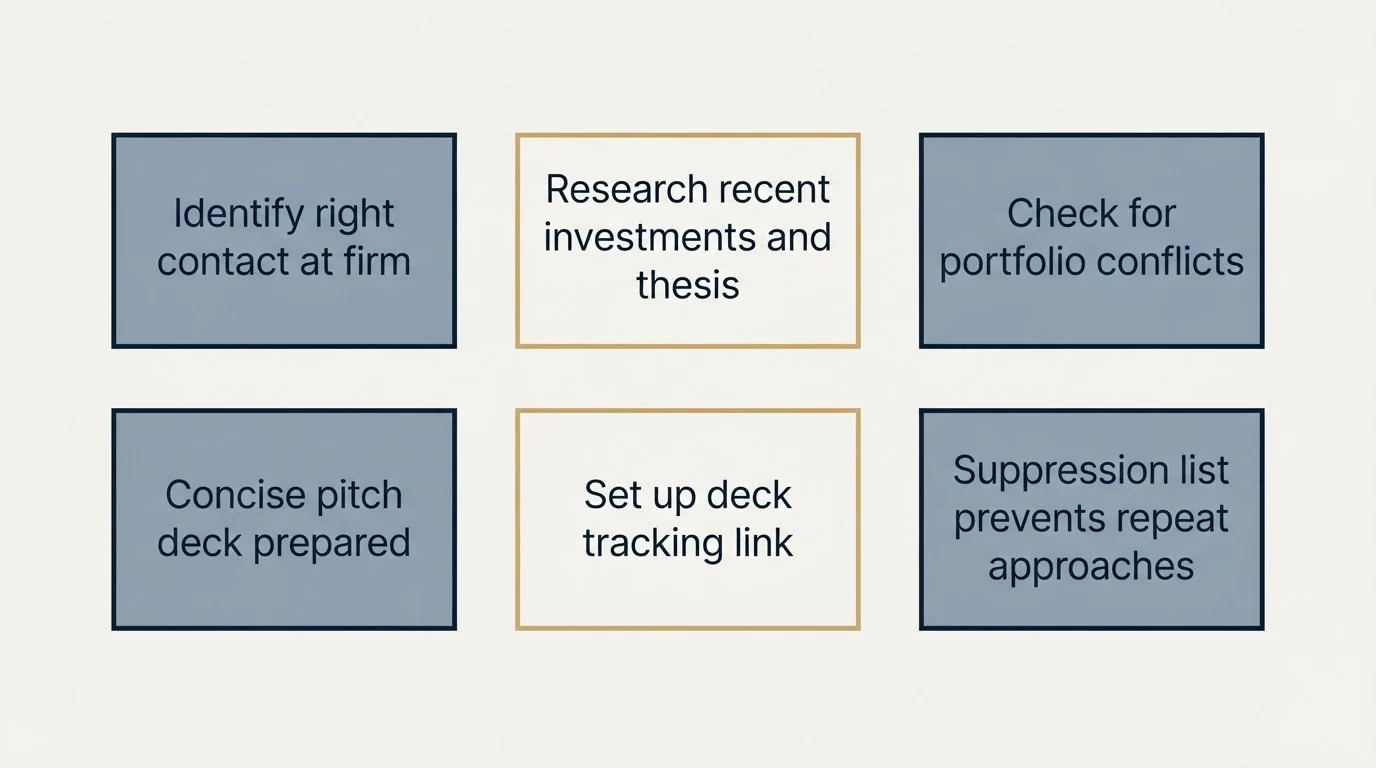 Schematic: Your Investor Outreach Checklist (Identify right contact at firm, Research recent investments and thesis, Check for portfolio conflicts, Concise pitch deck prepared)