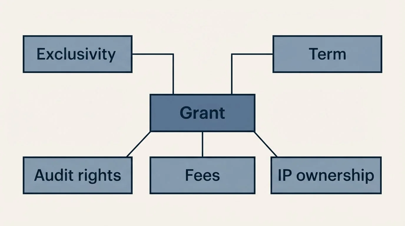 Schematic: Negotiating Licensing Terms (Grant, Exclusivity, Term, Fees)