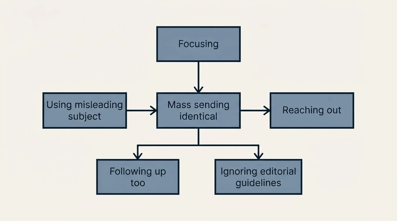 Schematic: Common Mistakes to Avoid (Mass sending identical, Focusing, Reaching out, Ignoring editorial guidelines)