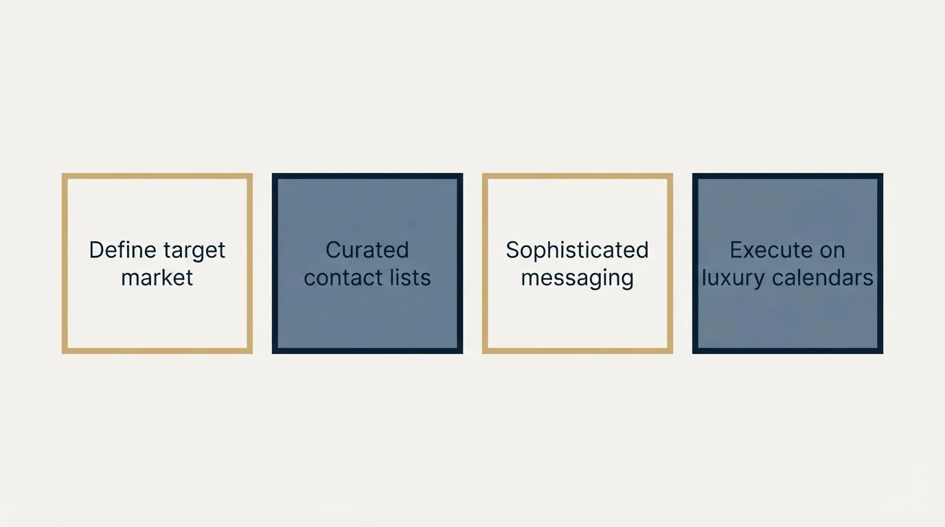 Schematic: Building Your Luxury Cold Email Program (Define target market, Curated contact lists, Sophisticated messaging, Execute on luxury calendars)