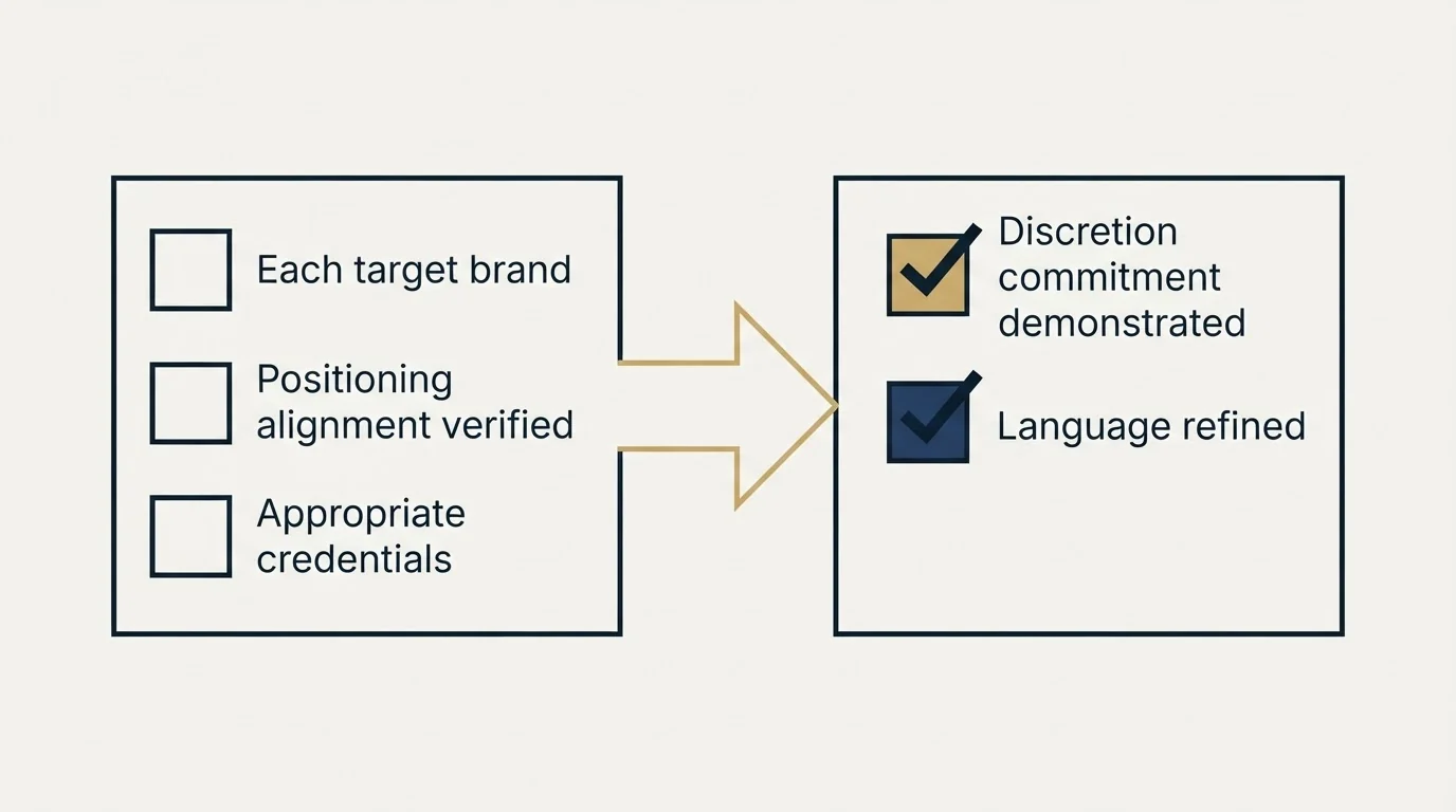 Before-and-after steps: Luxury Industry Cold Email Checklist (Each target brand, Positioning alignment verified, Appropriate credentials, Discretion commitment demonstrated)