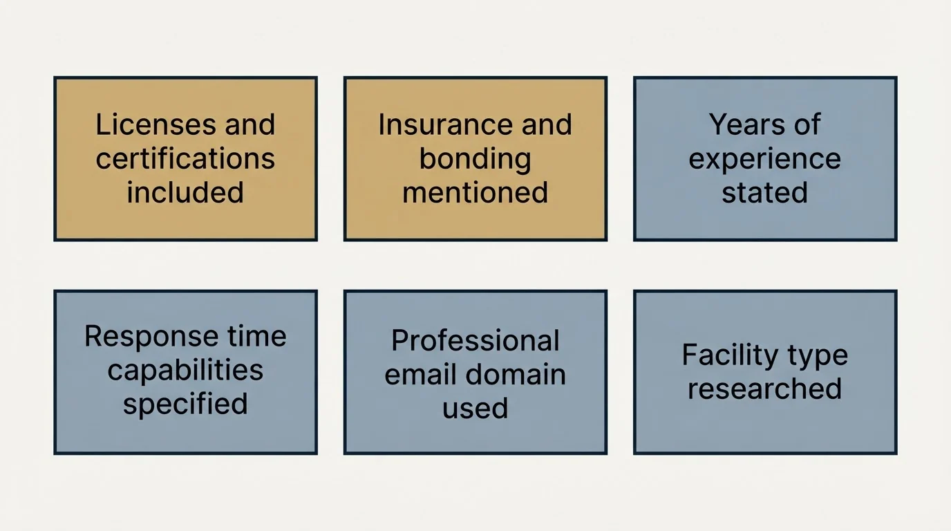 Schematic: Your Maintenance Services Cold Email Checklist (Licenses and certifications included, Insurance and bonding mentioned, Years of experience stated, Response time capabilities specified)