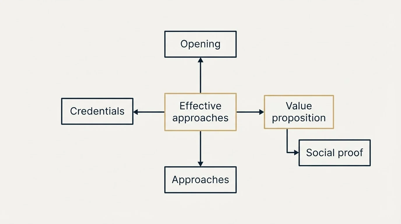 Schematic: What Works: Maintenance Services Cold Email Best Practices (Effective approaches, Approaches, Opening, Credentials)