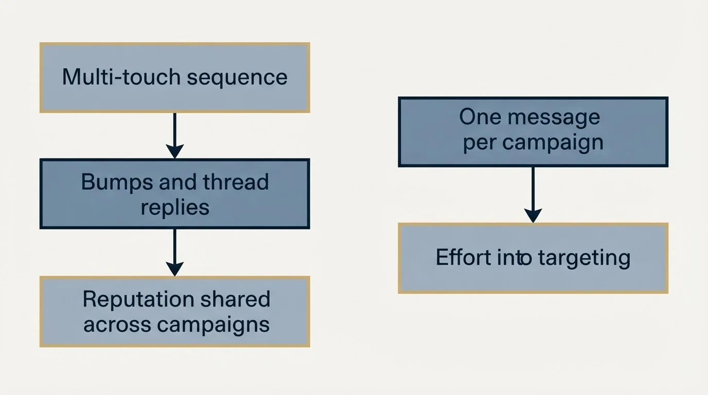 Schematic: Where we differ from standard practice (Multi-touch sequence, Bumps and thread replies, Reputation shared across campaigns, One message per campaign)