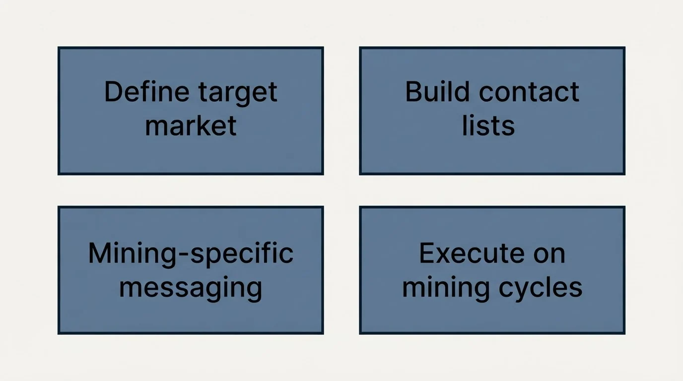 Schematic: Building Your Mining Cold Email Program (Define target market, Build contact lists, Mining-specific messaging, Execute on mining cycles)