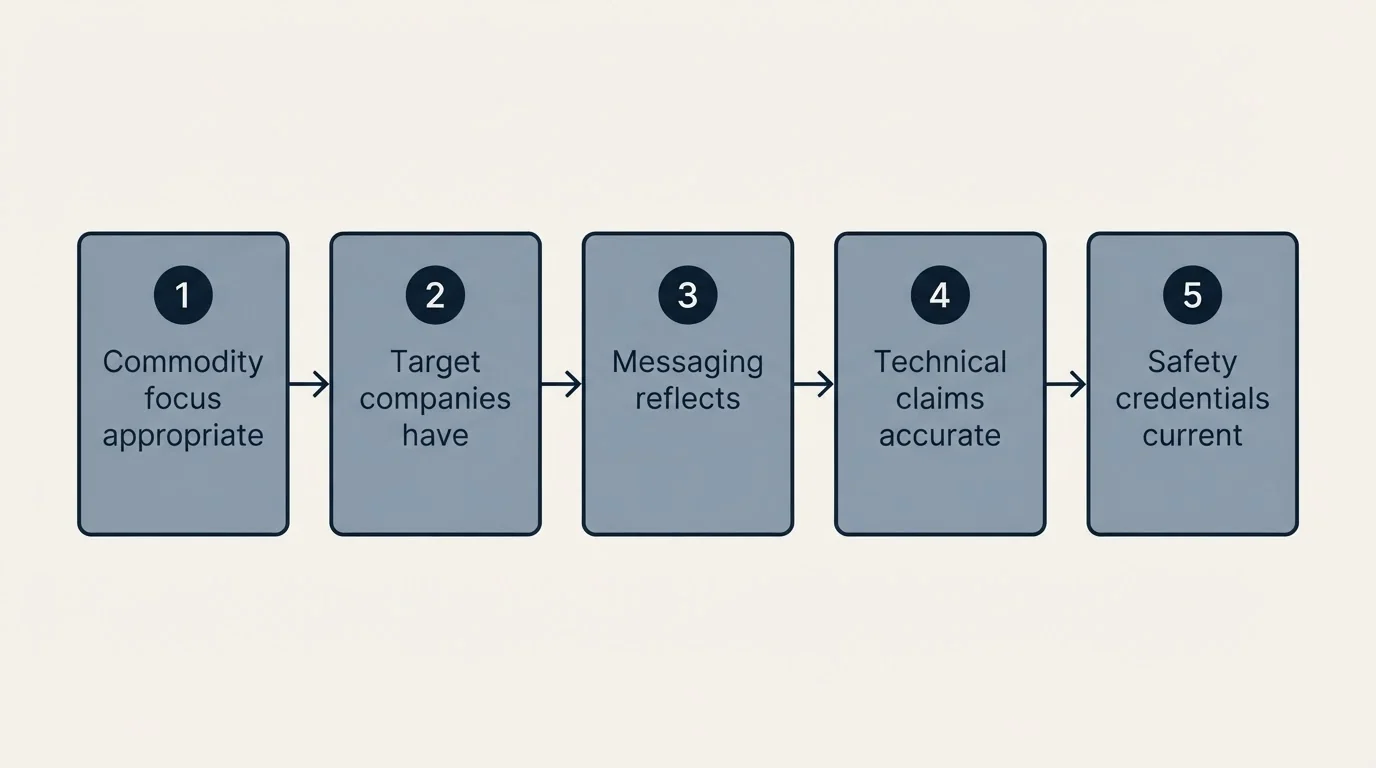 Step sequence: Mining Cold Email Checklist (Commodity focus appropriate, Target companies have, Messaging reflects, Technical claims accurate)