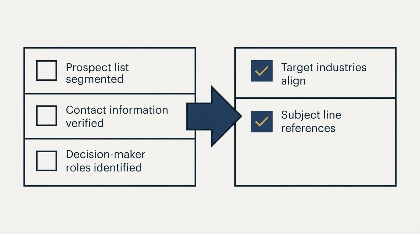 Before-and-after steps: Your Packaging Cold Email Checklist (Prospect list segmented, Contact information verified, Decision-maker roles identified, Target industries align)