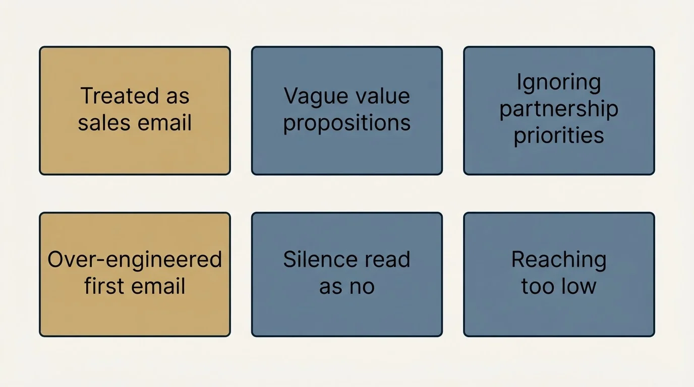 Schematic: Common Mistakes to Avoid (Treated as sales email, Vague value propositions, Ignoring partnership priorities, Over-engineered first email)