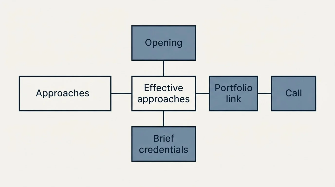 Schematic: What Works: Commercial Photography Cold Email Best Practices (Effective approaches, Approaches, Opening, Brief credentials)