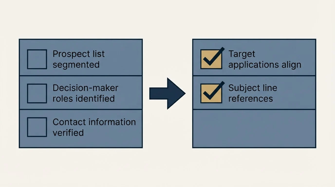Before-and-after steps: Your Plastics Cold Email Checklist (Prospect list segmented, Decision-maker roles identified, Contact information verified, Target applications align)