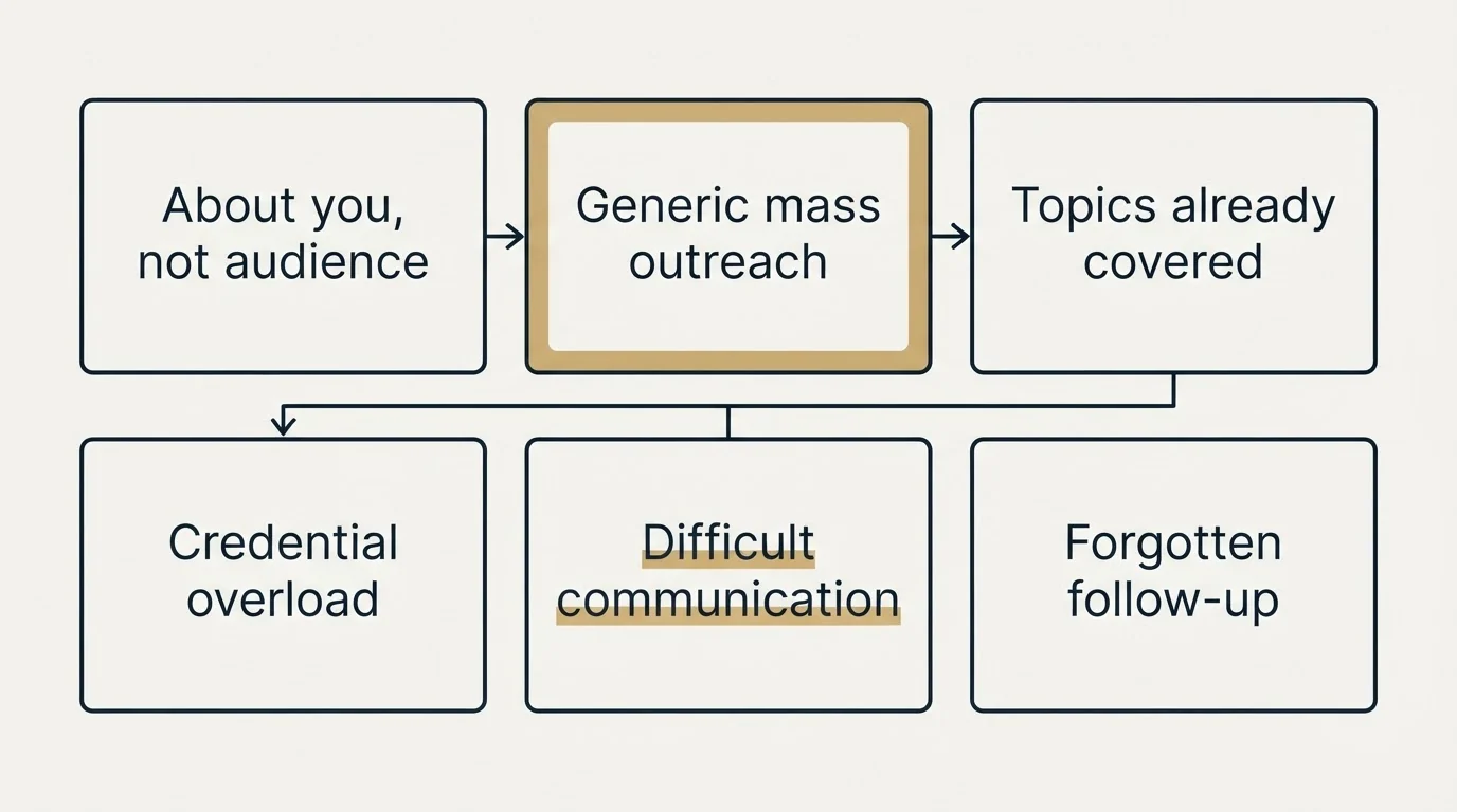 Schematic: Common Mistakes to Avoid (About you, not audience, Generic mass outreach, Topics already covered, Credential overload)