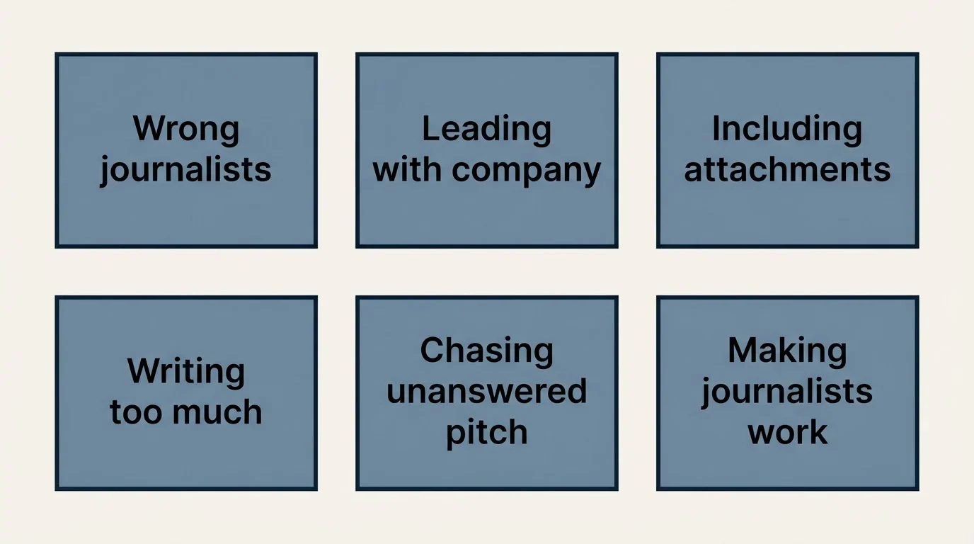 Schematic: Common Mistakes to Avoid (Wrong journalists, Leading with company, Including attachments, Writing too much)