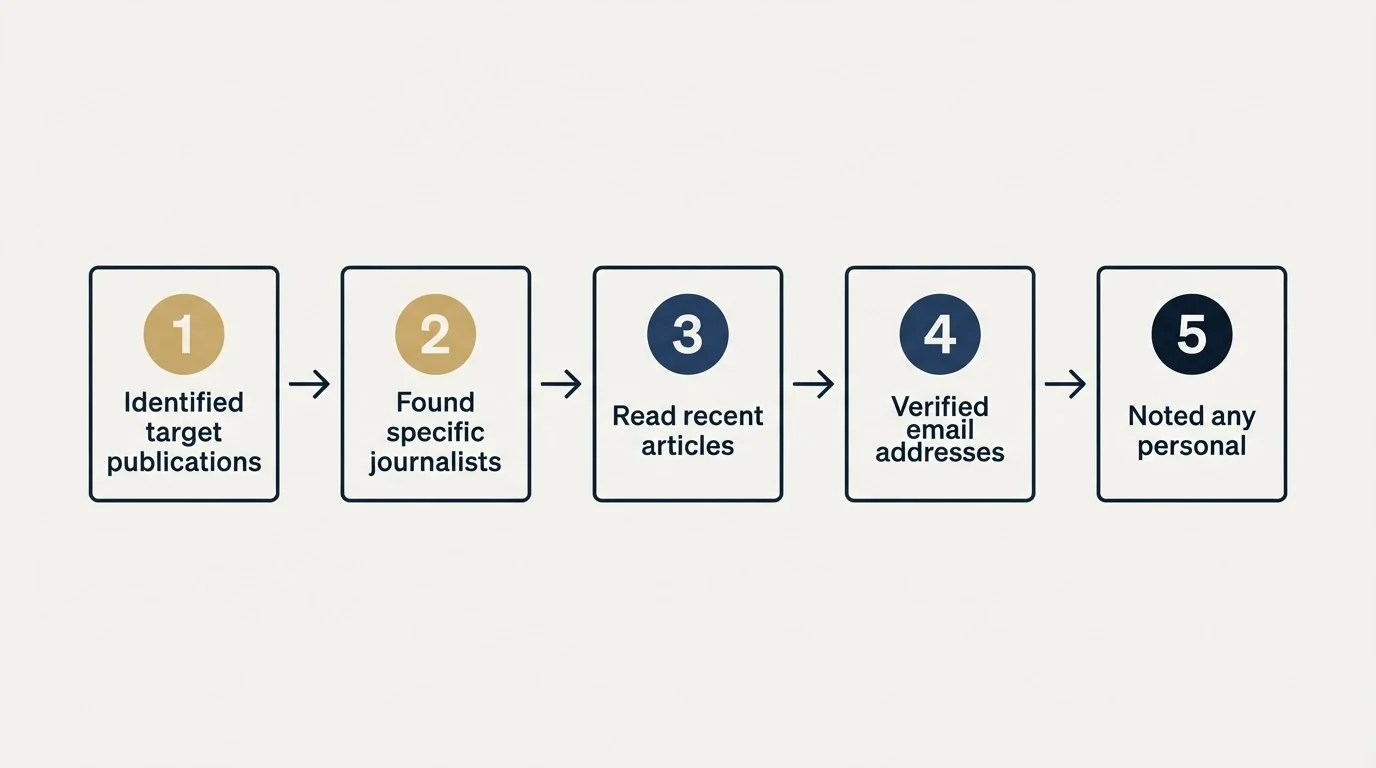 Step sequence: Your PR Outreach Checklist (Identified target publications, Found specific journalists, Read recent articles, Verified email addresses)