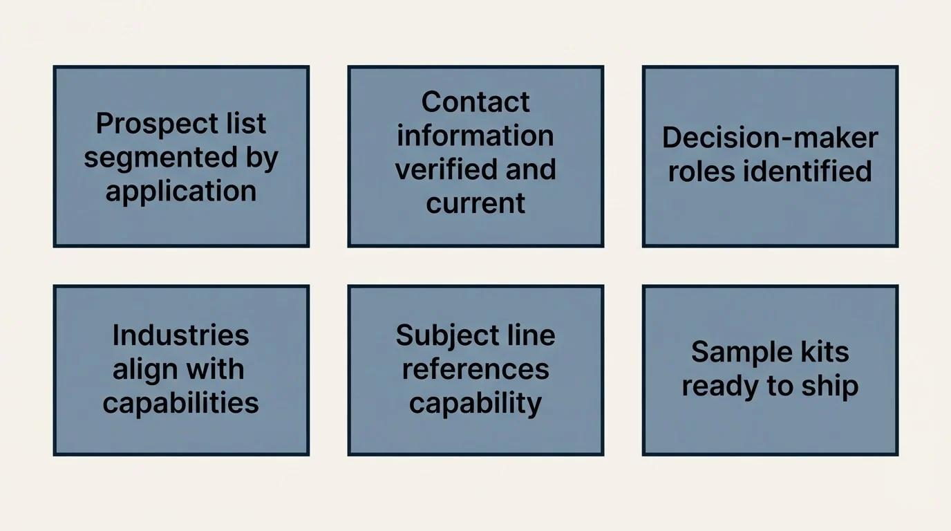 Schematic: Your Print Cold Email Checklist (Prospect list segmented by application, Contact information verified and current, Decision-maker roles identified, Industries align with capabilities)