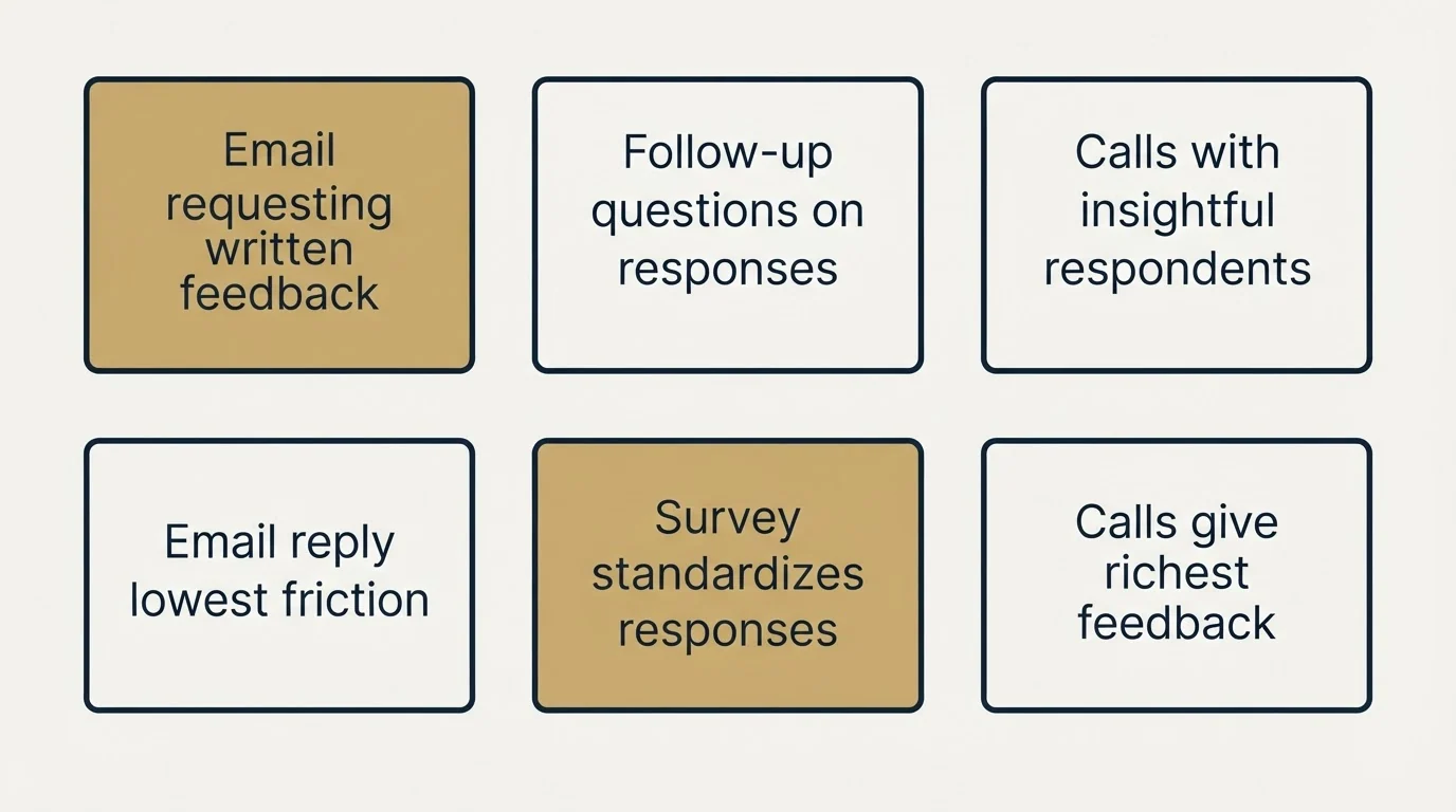 Schematic: Structuring Feedback Collection (Email requesting written feedback, Follow-up questions on responses, Calls with insightful respondents, Email reply lowest friction)