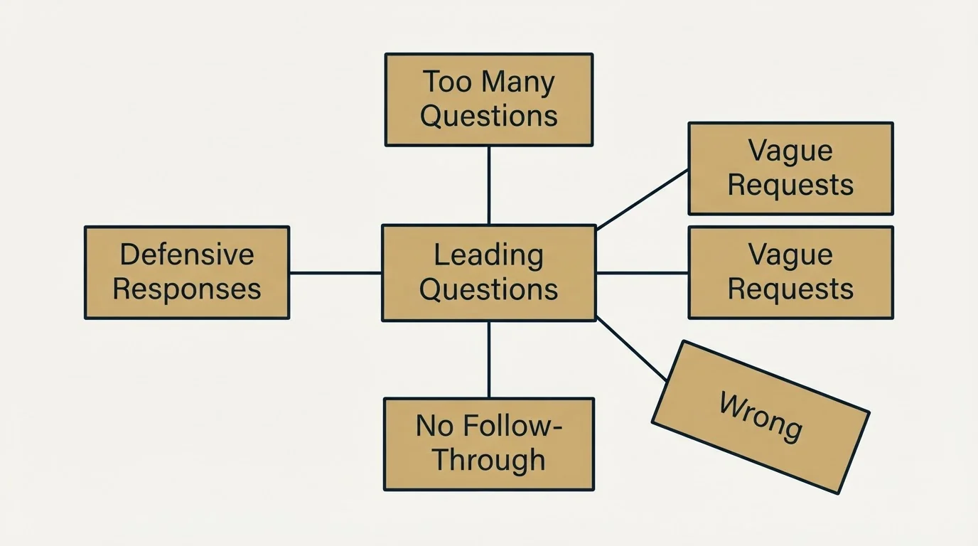 Schematic: Common Mistakes to Avoid (Leading Questions, Too Many Questions, Vague Requests, Wrong)