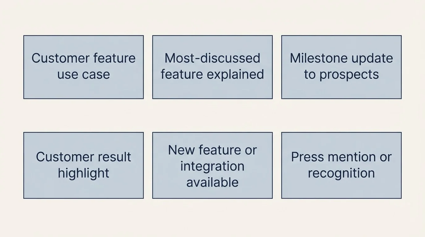Schematic: Post-Launch Nurture Sequences (Customer feature use case, Most-discussed feature explained, Milestone update to prospects, Customer result highlight)