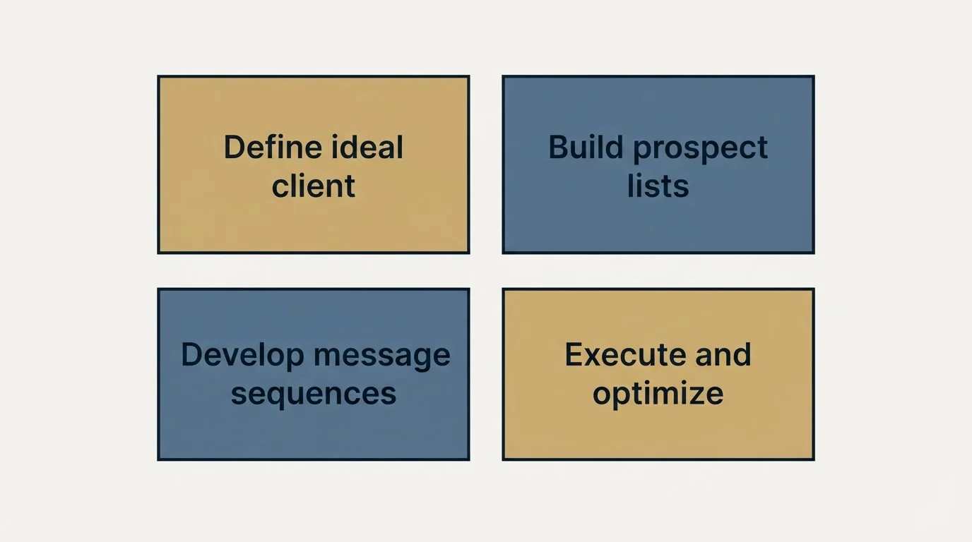 Schematic: Building Your Professional Services Cold Email Program (Define ideal client, Build prospect lists, Develop message sequences, Execute and optimize)