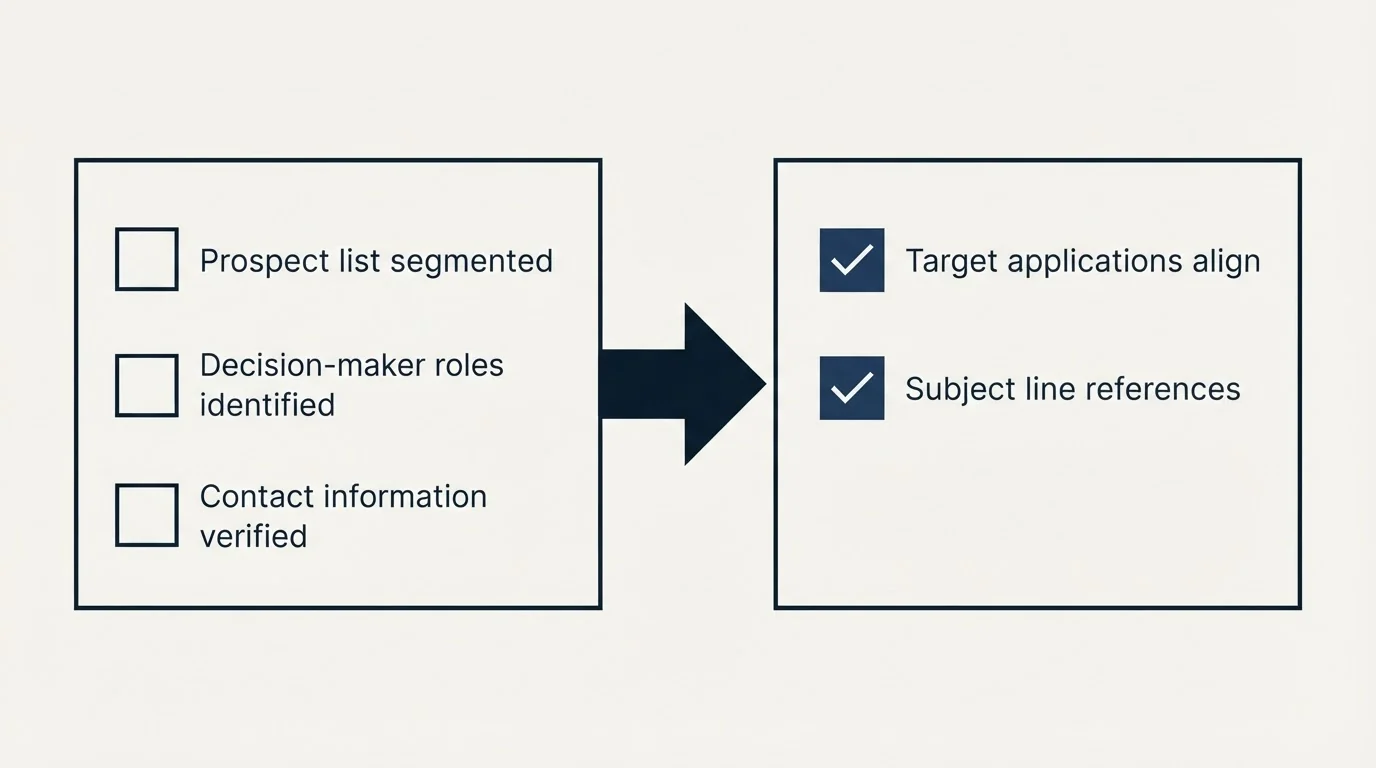 Before-and-after steps: Your Robotics Cold Email Checklist (Prospect list segmented, Decision-maker roles identified, Contact information verified, Target applications align)