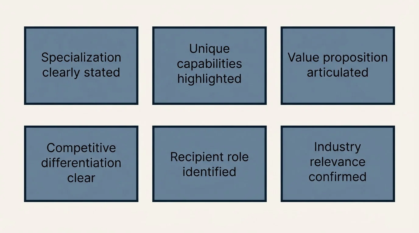 Schematic: Your Staffing Agency Cold Email Checklist (Specialization clearly stated, Unique capabilities highlighted, Value proposition articulated, Competitive differentiation clear)