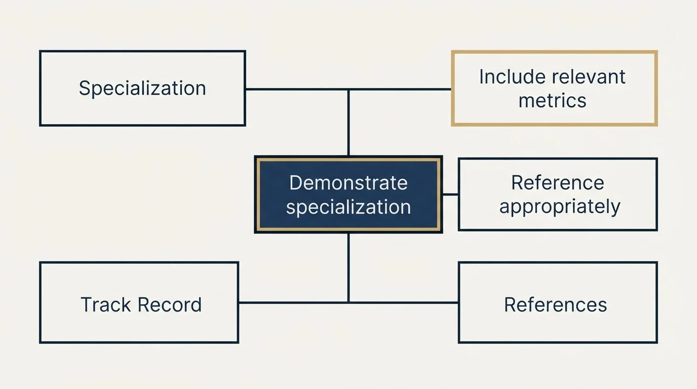 Schematic: Building Credibility in Your Outreach (Demonstrate specialization, Include relevant metrics, Reference appropriately, Specialization)