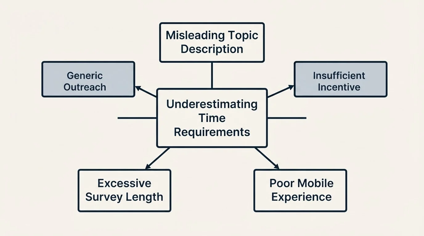 Schematic: Common Mistakes to Avoid (Underestimating Time Requirements, Misleading Topic Description, Insufficient Incentive, Poor Mobile Experience)