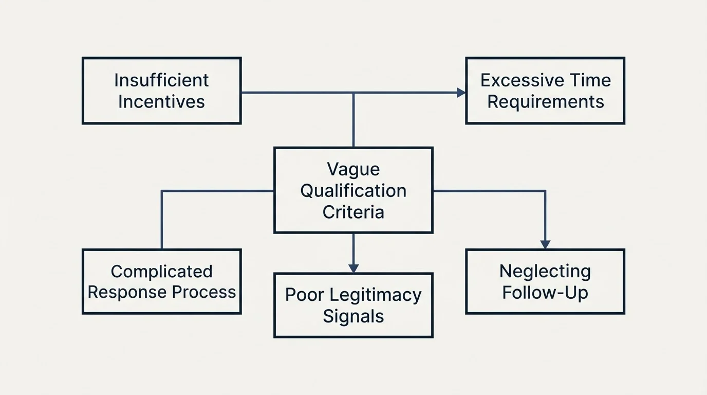 Schematic: Common Mistakes to Avoid (Vague Qualification Criteria, Insufficient Incentives, Excessive Time Requirements, Poor Legitimacy Signals)