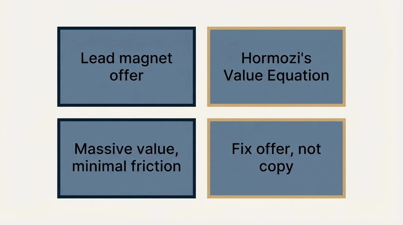 Schematic: Your Turn (Lead magnet offer, Hormozi's Value Equation, Massive value, minimal friction, Fix offer, not copy)