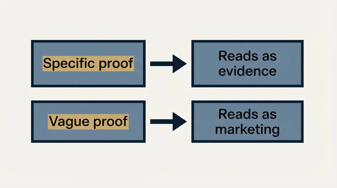 Schematic: Show proof, skip the pitch (Specific proof, Reads as evidence, Vague proof, Reads as marketing)