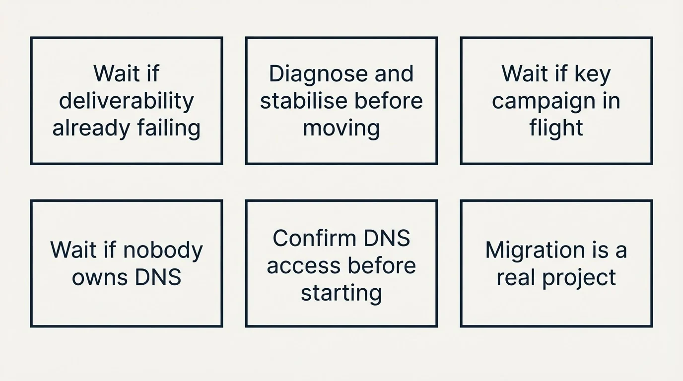 Schematic: Who should not migrate right now (Wait if deliverability already failing, Diagnose and stabilise before moving, Wait if key campaign in flight, Wait if nobody owns DNS)
