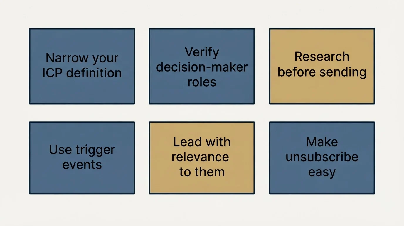 Schematic: Strategies to Reduce Unsubscribe Rates (Narrow your ICP definition, Verify decision-maker roles, Research before sending, Use trigger events)