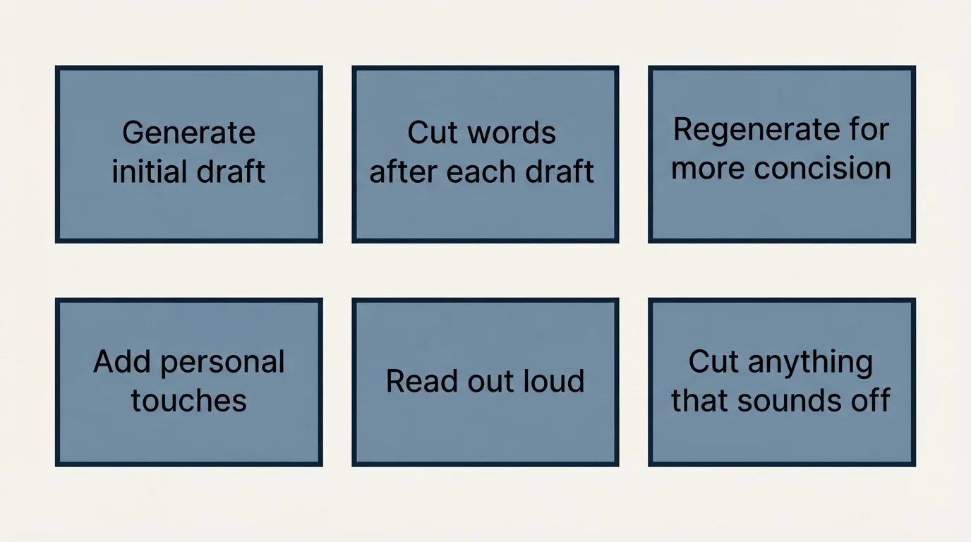 Schematic: Principle: Edit AI Outputs Relentlessly (Generate initial draft, Cut words after each draft, Regenerate for more concision, Add personal touches)
