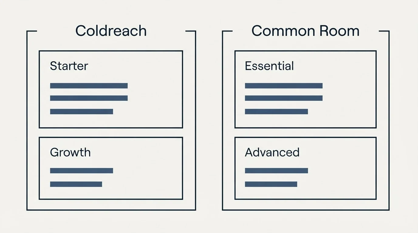 Pricing panels: Pricing Comparison (Coldreach, Common Room, Starter, Essential)
