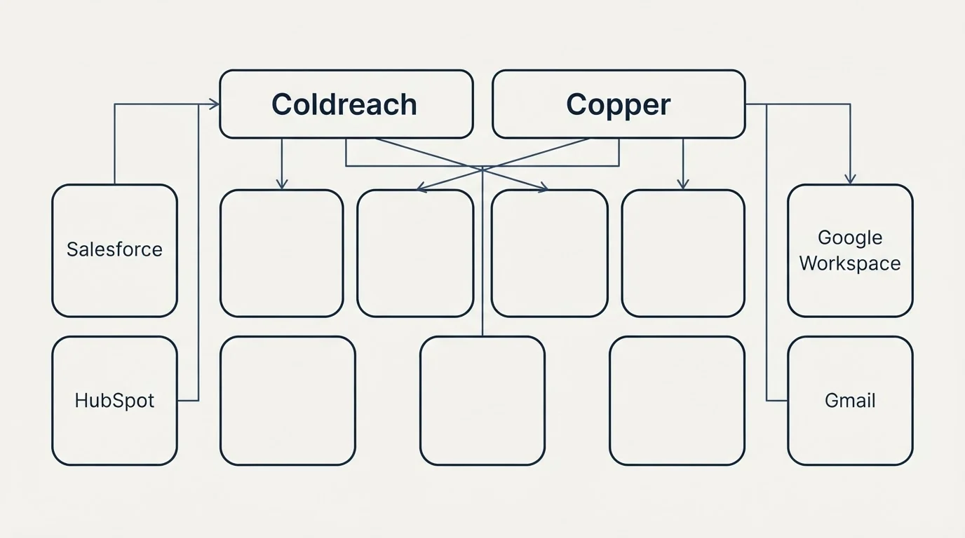 Integration grid: Integration Ecosystem (Coldreach, Copper, Salesforce, Google Workspace)