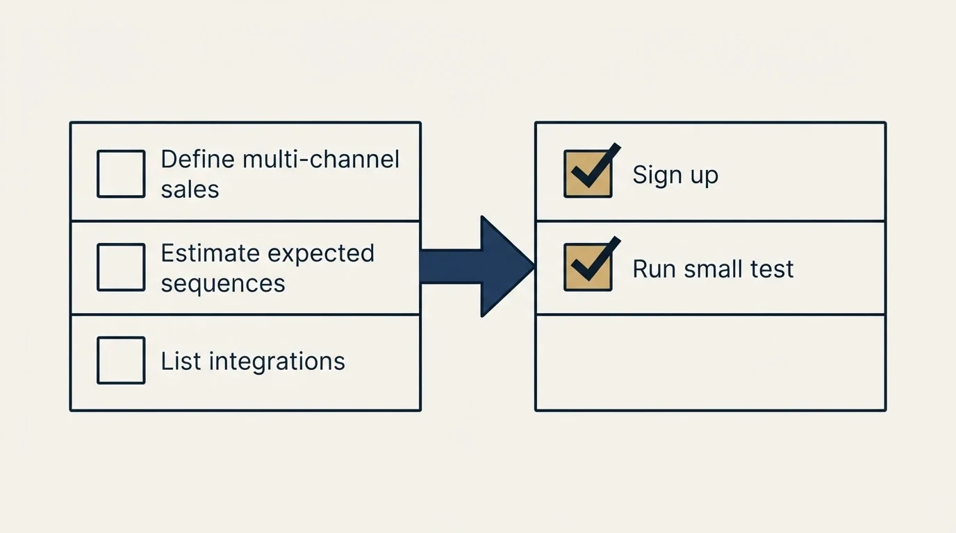 Before-and-after steps: Getting Started Checklist (Define multi-channel sales, Estimate expected sequences, List integrations, Sign up)