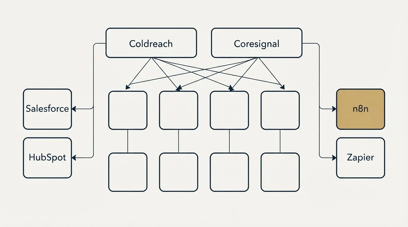Integration grid: Integration Ecosystem (Coldreach, Coresignal, Salesforce, n8n)