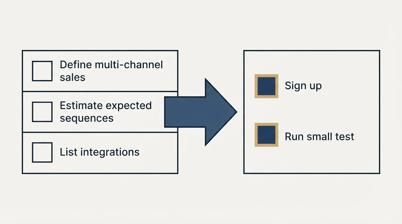 Before-and-after steps: Getting Started Checklist (Define multi-channel sales, Estimate expected sequences, List integrations, Sign up)