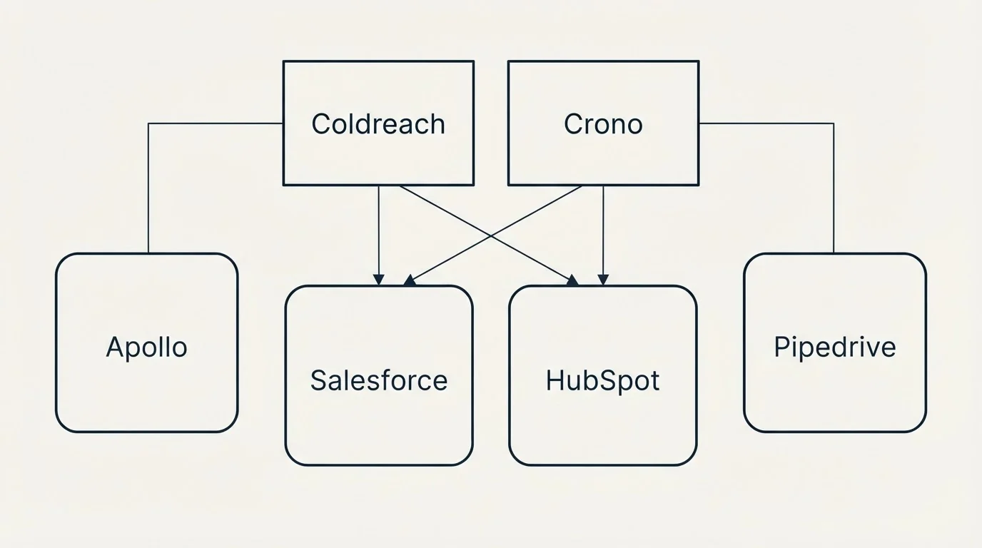Integration grid: Integration Ecosystem (Coldreach, Crono, Salesforce, HubSpot)